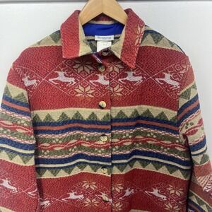 Vintage 90's Tapestry Woven Knit Jacket Wool Blend Western Deer Womens Medium
